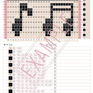 May include: A black and white crochet pattern chart with instructions for a crochet project. The chart shows a 28 stitch repeat and includes row numbers and stitch abbreviations. The instructions include a list of rows with stitch counts and abbreviations.