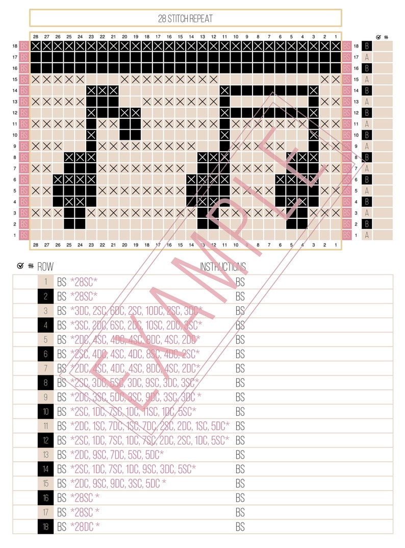 May include: A black and white crochet pattern chart with instructions for a crochet project. The chart shows a 28 stitch repeat and includes row numbers and stitch abbreviations. The instructions include a list of rows with stitch counts and abbreviations.