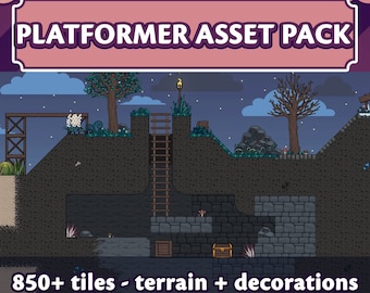 May include: A digital illustration of a platformer game asset pack with a night sky background. The pack includes 850+ tiles, terrain, and decorations in three sizes: 100, 200, and 400 pixels.
