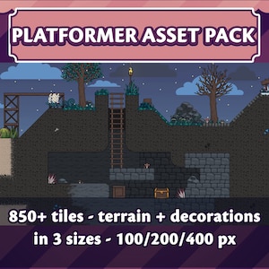 May include: A digital illustration of a platformer game asset pack with a night sky background. The pack includes 850+ tiles, terrain, and decorations in three sizes: 100, 200, and 400 pixels.
