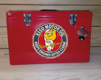 ESSO Motor Oil Happy Motoring Schild 20cm Rund XL Getränke Kühler 25 Liter/6,6 Gal Größe 49x27x30cm 19.3x10.6x12"+Cheers Wand Flaschenöffner