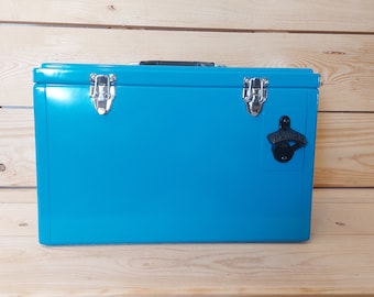 Kühlbox Blau XL Getränke Kiste Inhalt 25 Liter/6,6 Gallonen Cool Box Größe 49x27x30cm 19.3x10.6x12 Zoll-OPEN HERE Öffner Werkzeugkiste