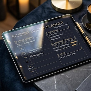 May include: A digital tablet displaying a Student Digital Planner interface with sections for a weekly schedule, study goals, assignment tracker, and notes. The screen features gold text on a dark background, including the title Student Digital Planner.