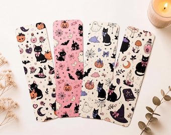 Witchy Halloween Bookmarks, Black Cat, Pumpkin, Witchcore Reading, Pink Coquette Halloween