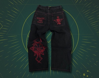 Baggy Y2K Skull Embroidered Jeans, Zip-Up Jeans, loose-Fit Pants, Y2K Unisex Streetwear Jeans, Cross And Skull Embroiderd Pants, Wide Jeans