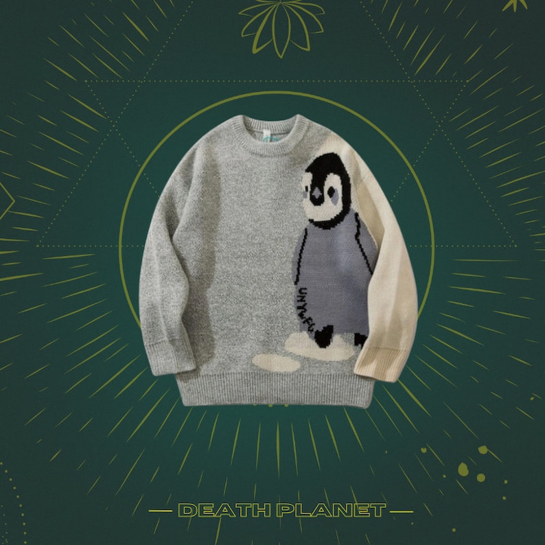 Harajuku Pinguin Pullover, süßer Strickpullover, Opa Pullover, Y2K Top, Übergroßer Pullover, Pinguin Druck, Tier Pullover, koreanische Mode Grey