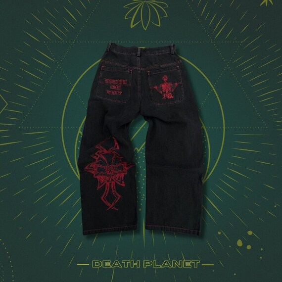 Baggy Y2K Skull Embroidered Jeans, Zip-up Jeans, Loose-fit Pants 