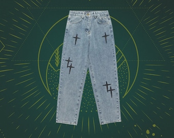 Y2K Kreuz Bestickte Jeans, Y2K Grunge, Harajuku, Hose mit weitem Bein, Y2K Ameisen, Gothic Kleidung, Gurnge Kleidung, Punk Mode, Kreuz Print Hose