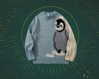 Harajuku Penguin Sweater, Cute Knitted Sweater, Grandpa Sweater, Y2K Top, Oversized Pullover, Penguin Print, Animal Sweater, Korean Fashion