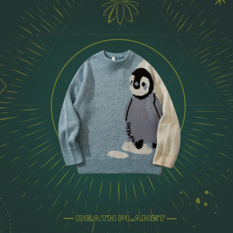 Harajuku Pinguin Pullover, süßer Strickpullover, Opa Pullover, Y2K Top, Übergroßer Pullover, Pinguin Druck, Tier Pullover, koreanische Mode Blue