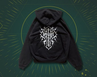 Schwarzer Hoodie mit Death Metal Schriftdruck, Cross Print Hoodie, Gothic Hoodie, Hinduismus Hoodie, Y2K Streetwear Hoodie, Schwarzer Pullover Hoodie