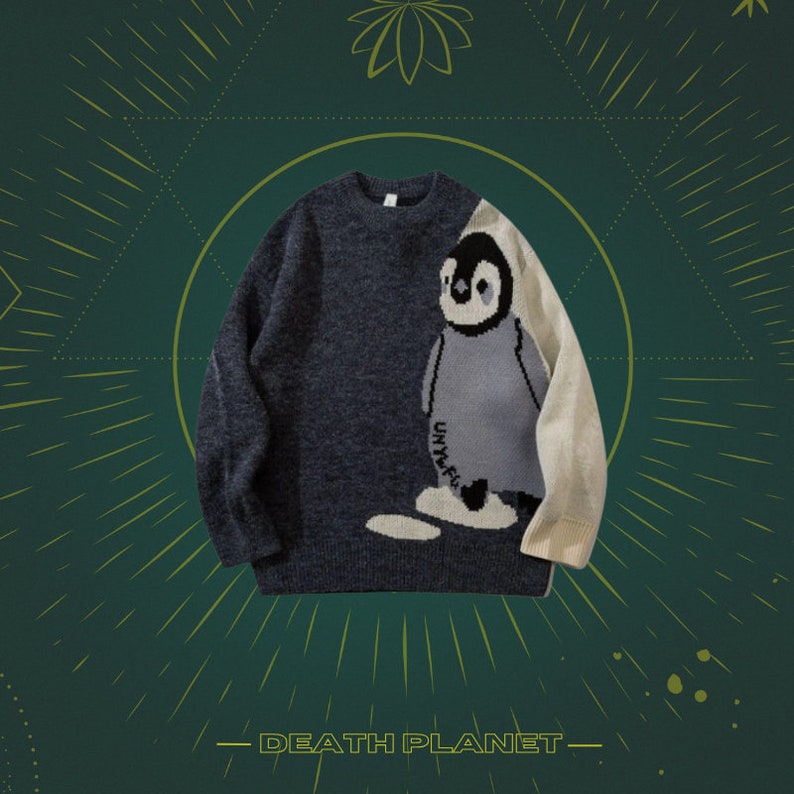 Harajuku Pinguin Pullover, süßer Strickpullover, Opa Pullover, Y2K Top, Übergroßer Pullover, Pinguin Druck, Tier Pullover, koreanische Mode Black