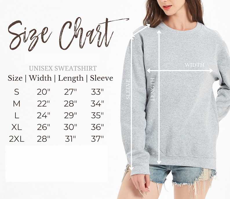 Pu&ograve; includere: Tabella delle taglie per felpa unisex con misure in pollici per larghezza, lunghezza e lunghezza della manica. Le taglie includono S, M, L, XL e 2XL.