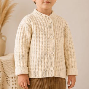 May include: A cream-colored, ribbed-knit cardigan with a button-up front. The sweater has a high collar and rolled cuffs. The child is wearing brown corduroy pants. The background includes a vase with dried plants and a table with a patterned cloth.