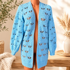 Patrón de cárdigan de ganchillo con forma de libélula en PDF / Suéter bohemio extragrande XS-3XL