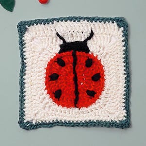 Può includere: Un quadrato bianco all'uncinetto con un disegno di coccinella rosso e nero al centro. La coccinella ha macchie nere e una testa nera con antenne.