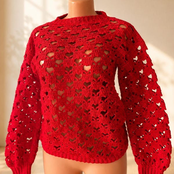 Heart Crochet Sweater Pattern PDF | Valentine Red Jumper Tutorial | Slouchy Mesh Pullover Top