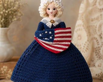 Patrón de ganchillo de Betsy Ross, vestido colonial para muñeca de 19 cm, gorro histórico (PDF)