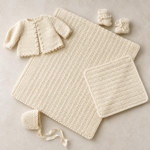 Modèle de couverture de bébé vintage au crochet – Couverture, veste, bonnet et chaussons au point étoile traditionnel (PDF)