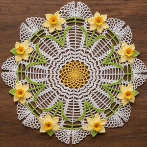 May include: A round white crocheted doily featuring a central yellow circular motif and eight three-dimensional yellow and white daffodil flowers with green stems and leaves arranged in a circular pattern around the perimeter of the piece.