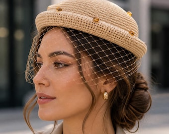 Vintage Jet Pearl Turn-Up Hat - Tiered Telescoping Crown & Architectural Veiling
