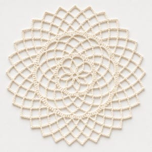 May include: A round, off-white crochet doily featuring a central floral motif surrounded by concentric layers of an open, diamond-shaped lattice pattern. The edges of the circular textile are finished with a series of pointed, scalloped peaks.