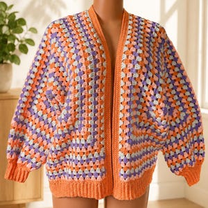 Grof gebreide oma-stijl cardigan haakpatroon, pastelkleurige zeshoekige trui (PDF)