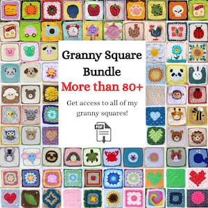 Peut inclure: Une collection de plus de 80 carrés granny crochet colorés, chacun avec un design unique, comprenant des animaux, des fleurs et des motifs géométriques. L'image présente une variété de couleurs et de textures, avec le texte "Granny Square Bundle" et "More than 80+".