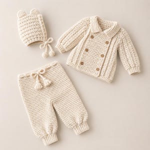 Peut inclure: Un ensemble en crochet couleur crème composé d'une veste à double boutonnage avec six boutons marron, d'un pantalon à cordon de serrage et bords-côtes, et d'un bonnet assorti avec deux petites formes d'oreilles et des liens à nouer.
