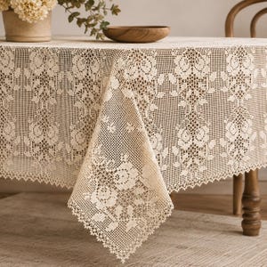Vintage Filet Lace Tablecloth Crochet Pattern PDF, Rose Panels Replicating Heritage Table Runner