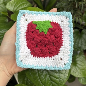 May include: A crocheted square with a red strawberry design. The strawberry has a green stem and leaves. The square is bordered in white and light blue.