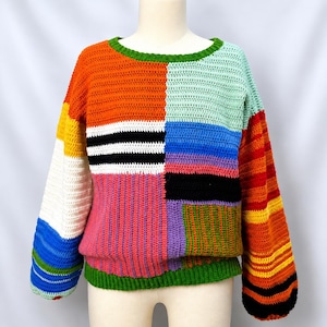 Patrón de suéter de crochet con estampado de colores vibrantes - Jersey de patchwork con bloques de color - RainbowYarnPatterns