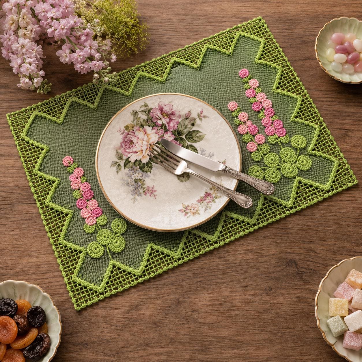 30 3D Crochet Patterns for Texture, Shape, and Standout Handmade Projects 27 Vintage Hollyhock Placemat
