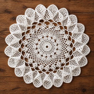 May include: A circular white crochet doily featuring a central ring, intricate radiating geometric patterns, and a ruffled outer border composed of numerous small, folded petal-like loops that create a textured, three-dimensional appearance.