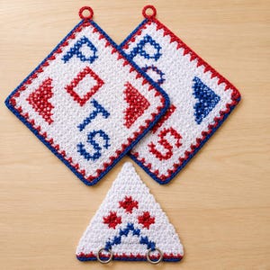 Patrón PDF de agarradera de ganchillo vintage, juego de salvamanteles y estante de pared para punto de cruz, decoración de cocina retro