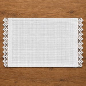 May include: A rectangular white placemat featuring a woven fabric center with a grid-like texture and decorative crocheted lace borders on the left and right edges. The lace trim displays a repeating floral-inspired pattern in white thread.