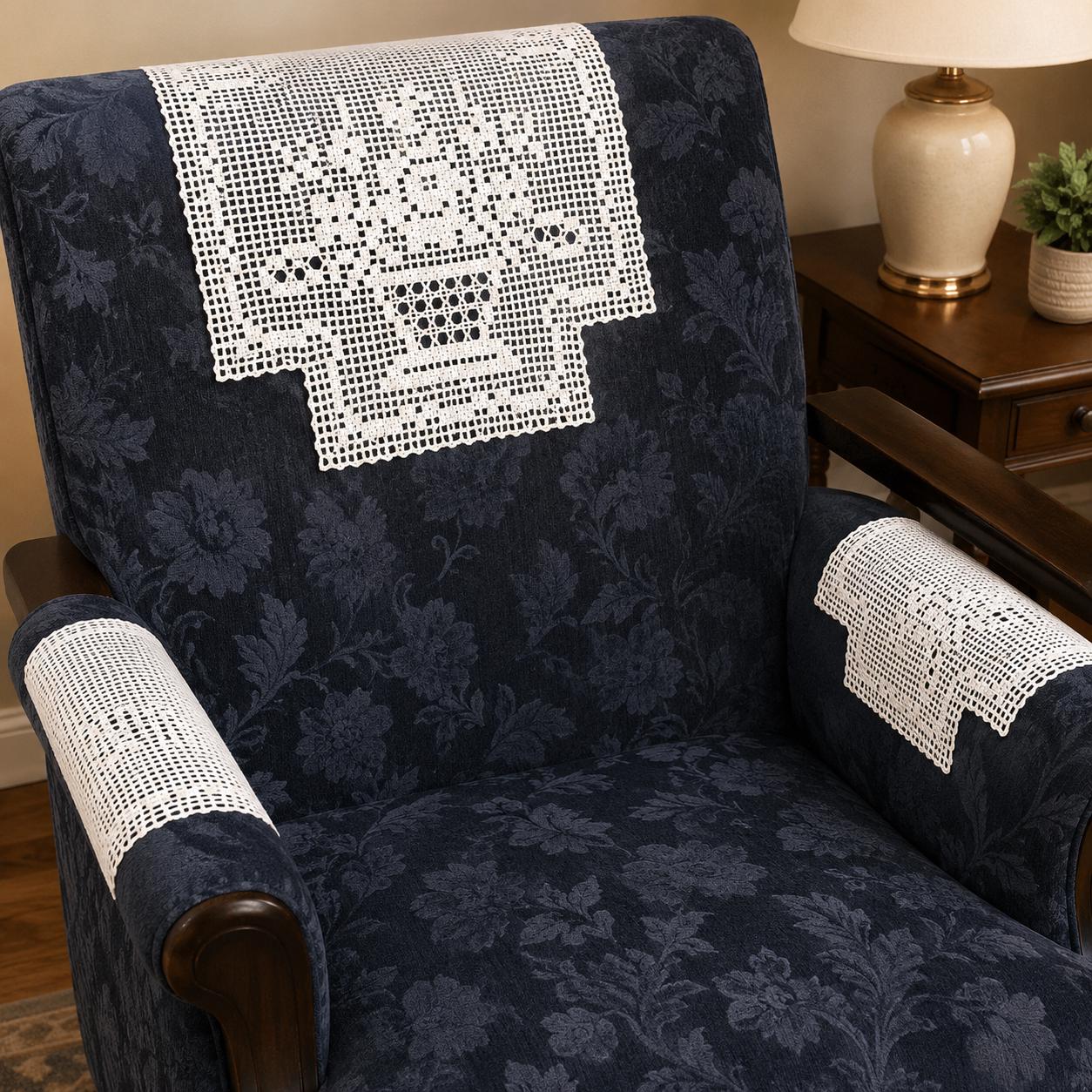 Vintage Filet Crochet Chair Set Basket Motif Chair Back