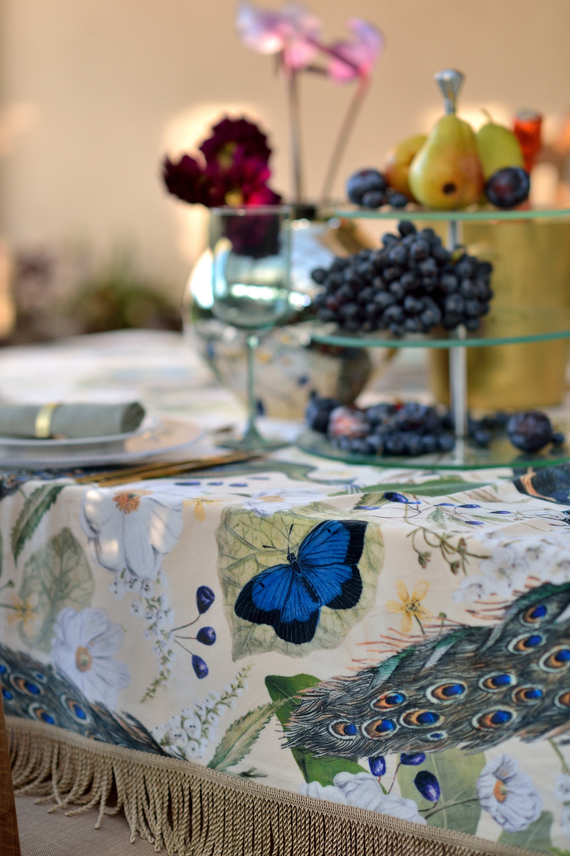 Velvet Square Tablecloth With Magnificent Peacocks, Butterflies and Flowers  - Etsy