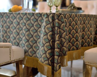 Velvet tablecloth square with fringed edges "peacock feather"