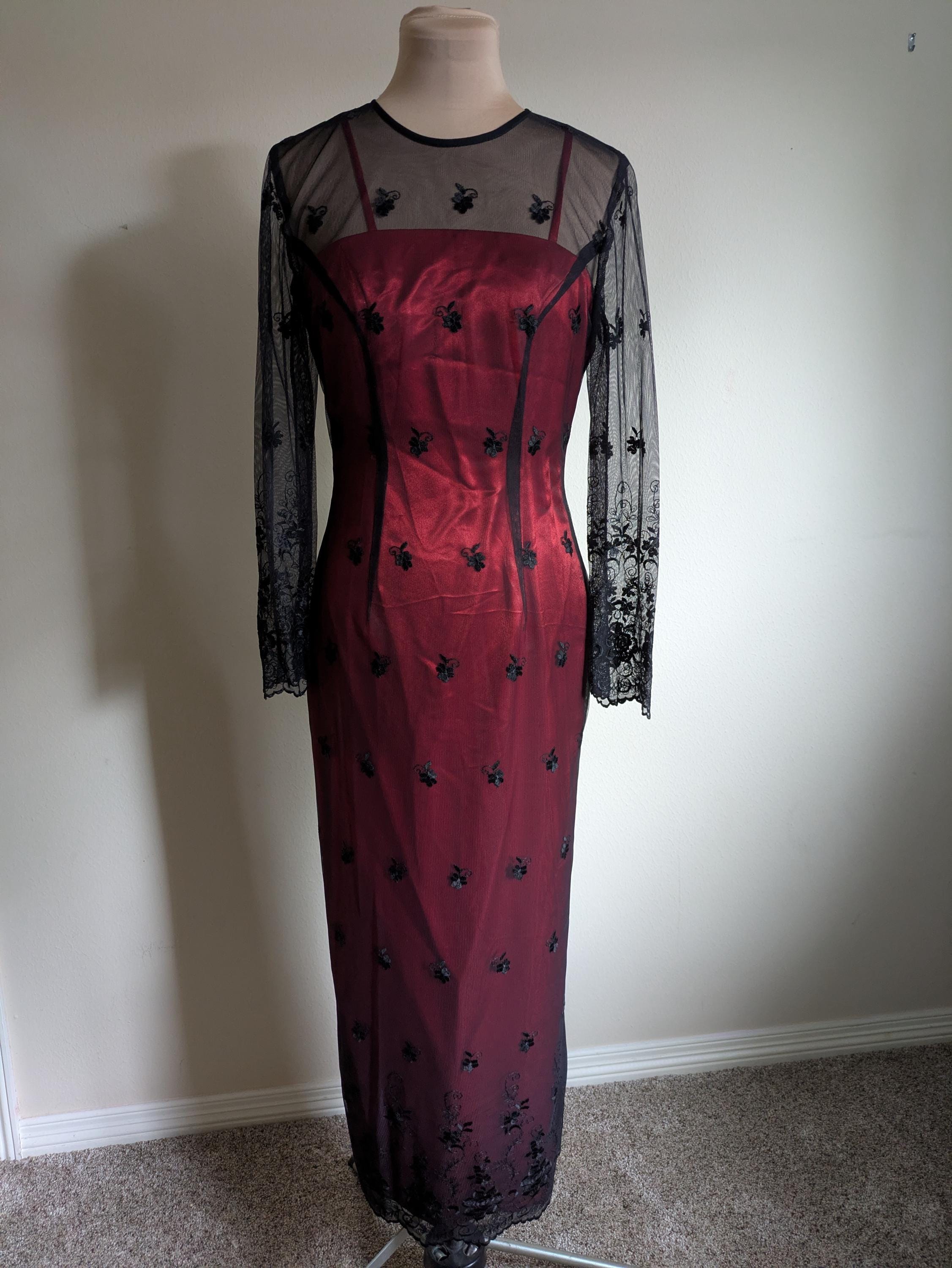 chinese dress ladies Zapaka Women Sheath Bridesmaid Dress with Lace-Up Back Black Red Long Wedding Party Dress, Black Red / US4 main image 1