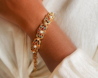 18K Gold Bracelet,Pearl Bracelet,Natural Gemstone Bracelet,Jewelry,Gold Bracelet,Gifts For Her