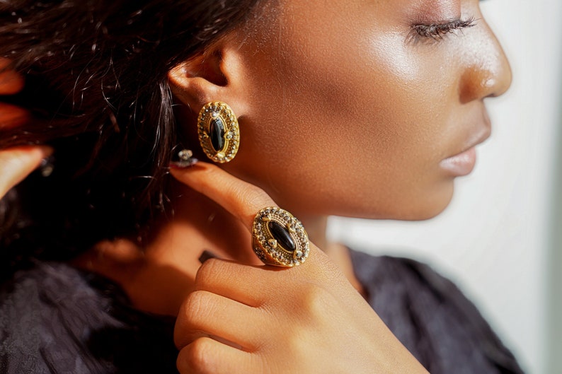 18K Gold Earrings,Obsidian Stud Earrings,Statement Earrings,Obsidian jewellery,Pendant Earrings,Vintage,Exquisite Earrings,Gifts For He image 1