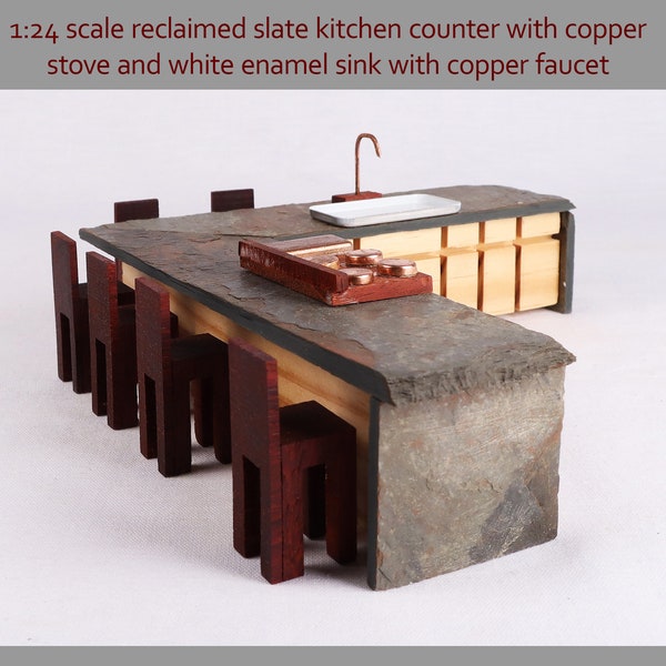 1:24 scale, miniature kitchen, bar stools, reclaimed slate and wood, copper stove, one half scale, handcrafted, free shipping