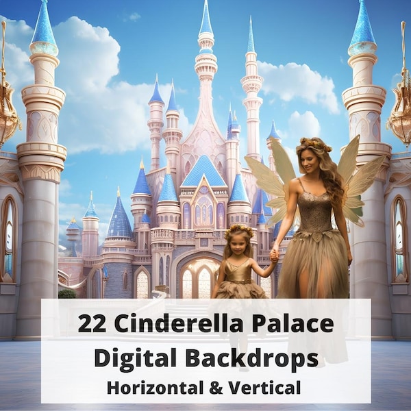 Cinderella Palace digital backdrops Pink fairytale Castle background Blue fantasy house on the clouds photo template Photoshop overlay jpg