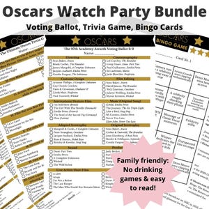 Afdrukbaar stembiljet Oscars 2025, 97e Academy Awards-watch partybingospel, trivia night watchlist, gezinsvriendelijke pdf, bioscoopfilm