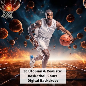 May include: A basketball player dribbles a basketball in a futuristic basketball court setting. The court is surrounded by a fiery orange and yellow glow. The player is wearing a white jersey and blue shorts. The background is a dark blue space with stars and planets. The text "30 Utopian & Realistic Basketball Court Digital Backdrops" is at the bottom of the image.