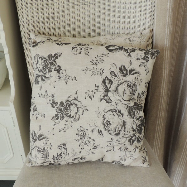 Cabbages & Roses Cushion Cover Paris Rose Charcoal Natural Linen 16 Inches