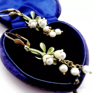 Art Deco style faux pearl flowers berries & green enamel leaves earrings cottage
