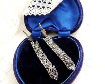 Art Deco Marcasite Earrings: Antique Silver Tone Dangle