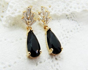 Vintage Art Deco 1920 inspiriert Jet Black Diamond Paste CZ Tropfen Ohrringe